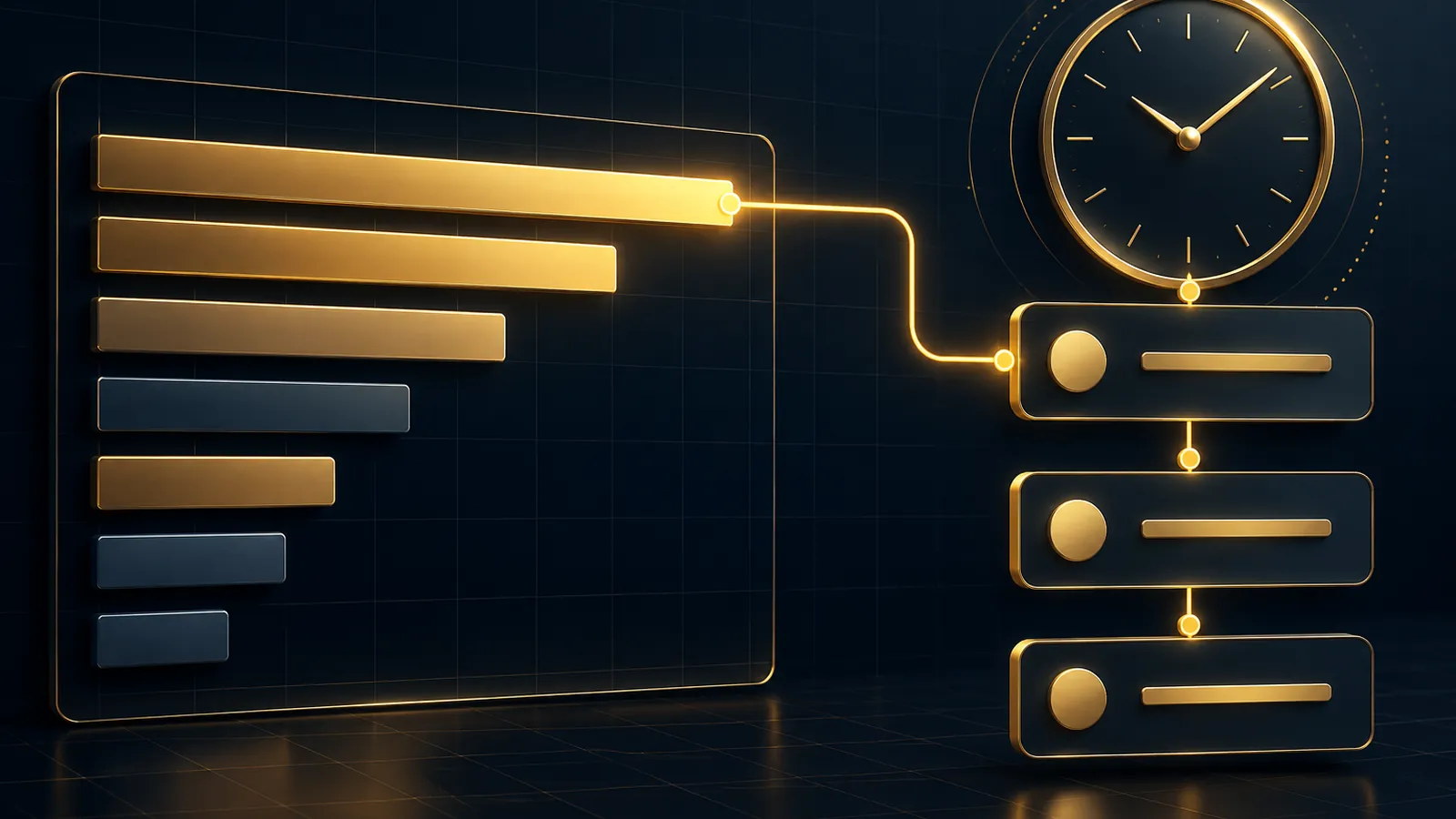 A dark navy leaderboard with gold-lit bars beside a clock face and a chain of scheduled task cards, with one bar linked to the cards by a thin gold line