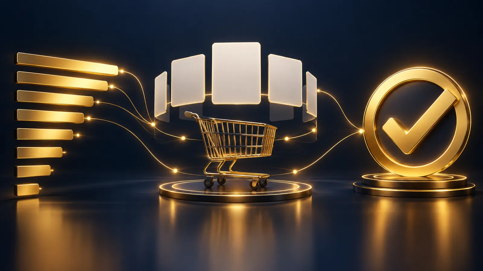 A dark navy leaderboard with gold-lit bars beside a shopping cart icon and a row of product cards feeding into an approval checkmark