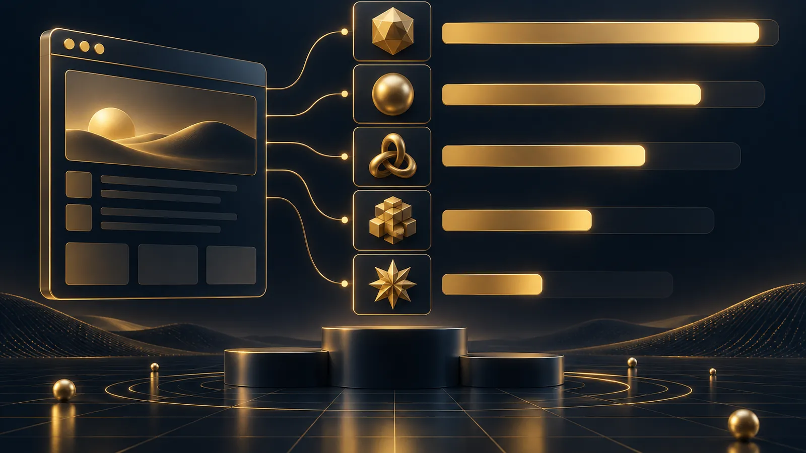 A dark navy benchmark leaderboard with gold score bars, a stylised browser window plugged into a ranked column of model cards