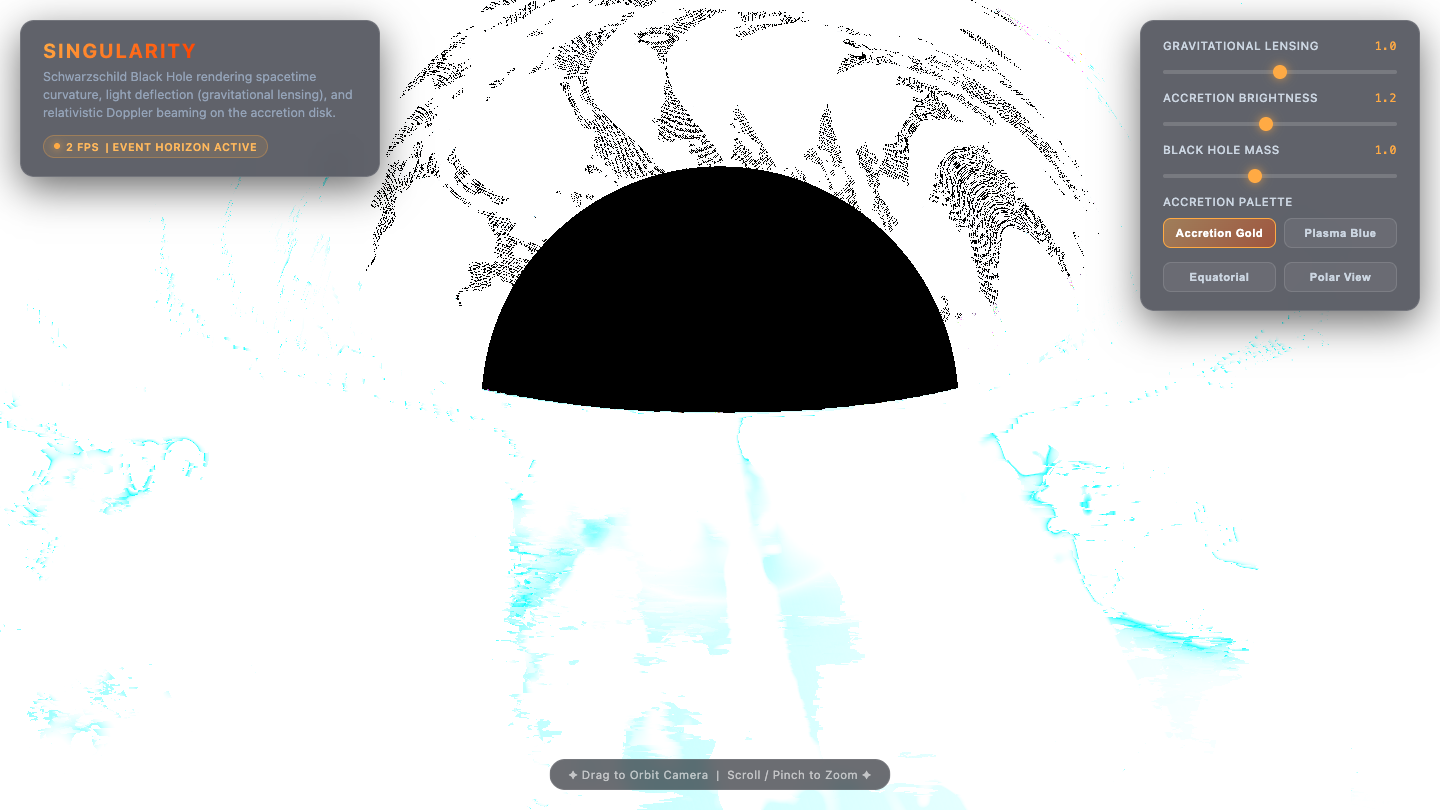 Gemini 3.6 Flash one-shot build of Blackhole — GoldieBench AI benchmark screenshot