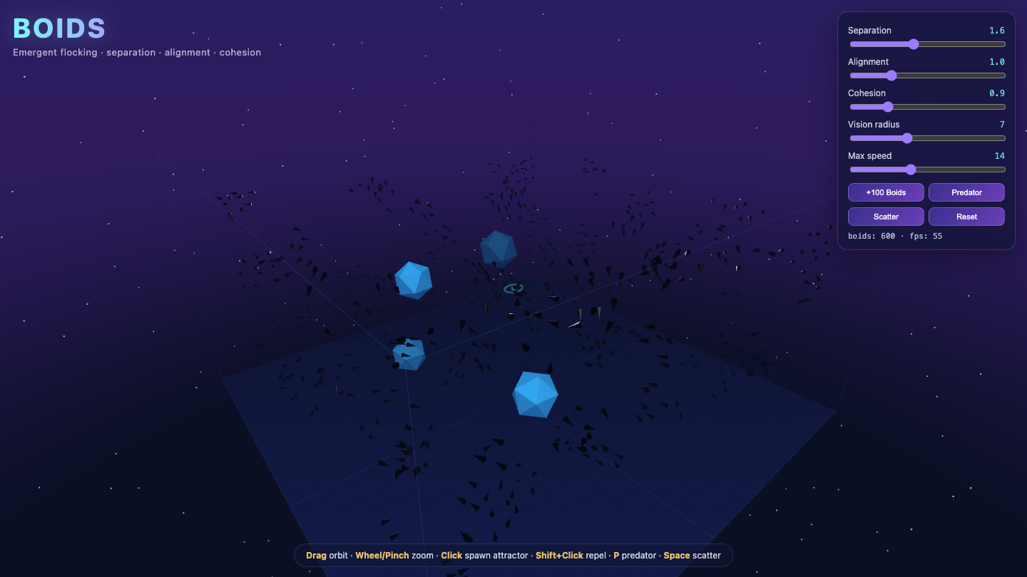 Claude Opus 5.5 one-shot build of Boids — GoldieBench AI benchmark screenshot