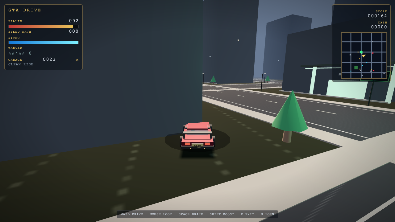 Grok 4.7 one-shot build of Gtadrive — GoldieBench AI benchmark screenshot