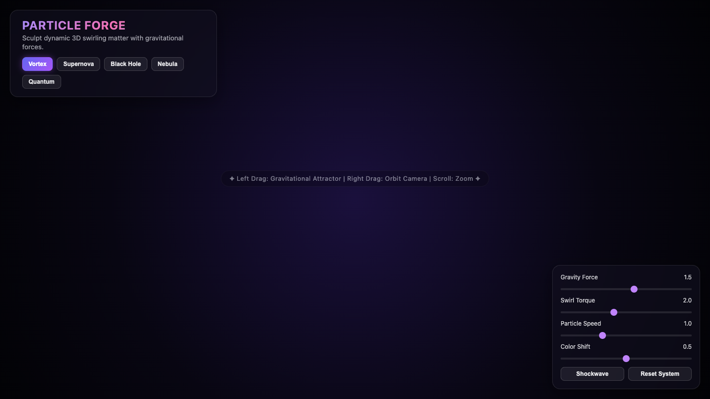 Gemini 3.6 Flash one-shot build of Particleforge — GoldieBench AI benchmark screenshot