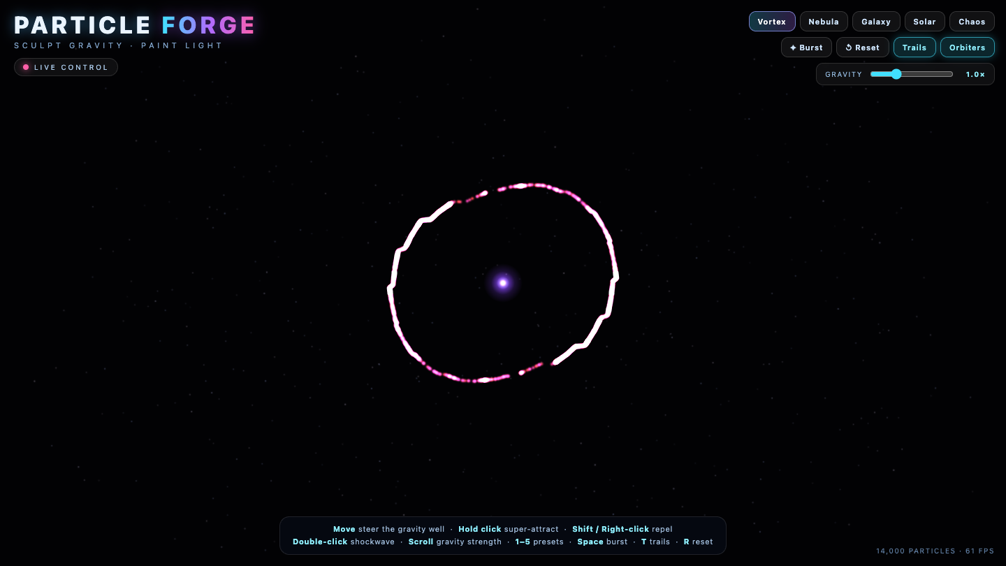 Kimi K3 one-shot build of Particleforge — GoldieBench AI benchmark screenshot