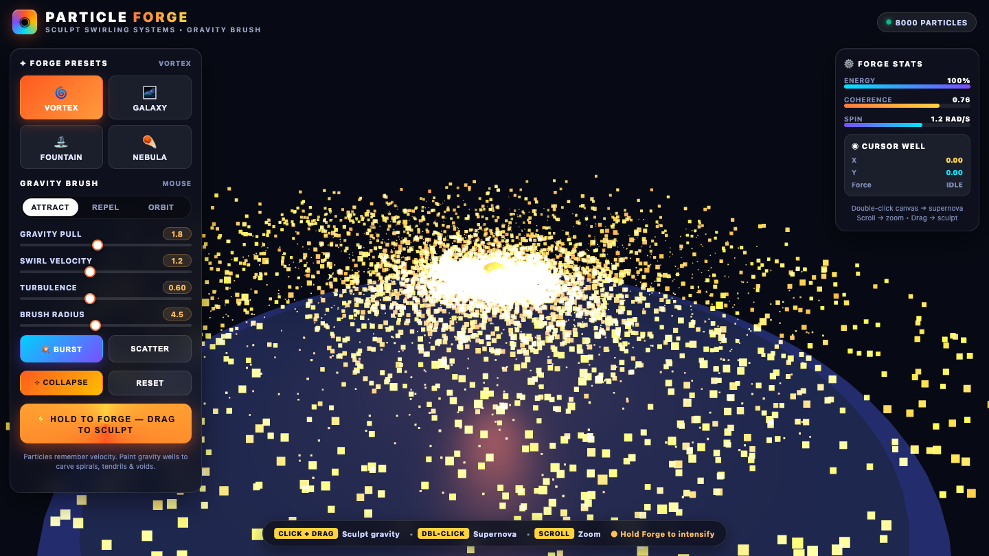 Muse Spark 1.2 one-shot build of Particleforge — GoldieBench AI benchmark screenshot