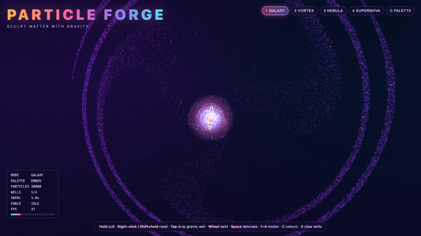 Claude Opus 5.5 one-shot build of Particleforge — GoldieBench AI benchmark screenshot