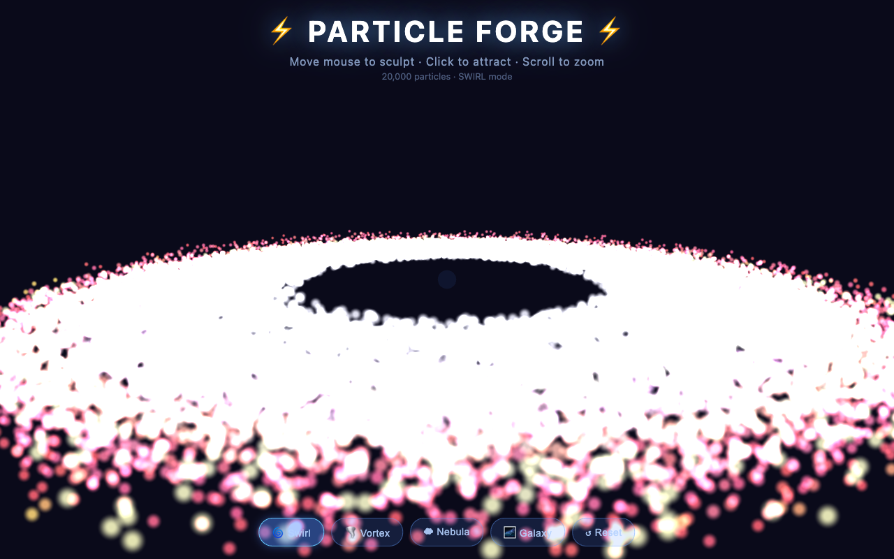 Qwable 5 27B Coder one-shot build of Particleforge — GoldieBench AI benchmark screenshot