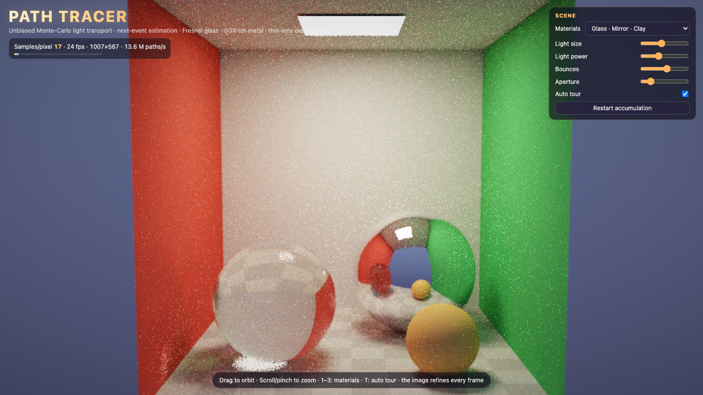 Claude Opus 5.5 one-shot build of Pathtracer — GoldieBench AI benchmark screenshot