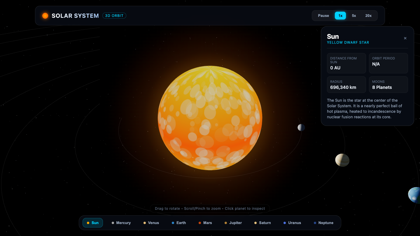 Gemini 3.6 Flash one-shot build of Solar — GoldieBench AI benchmark screenshot