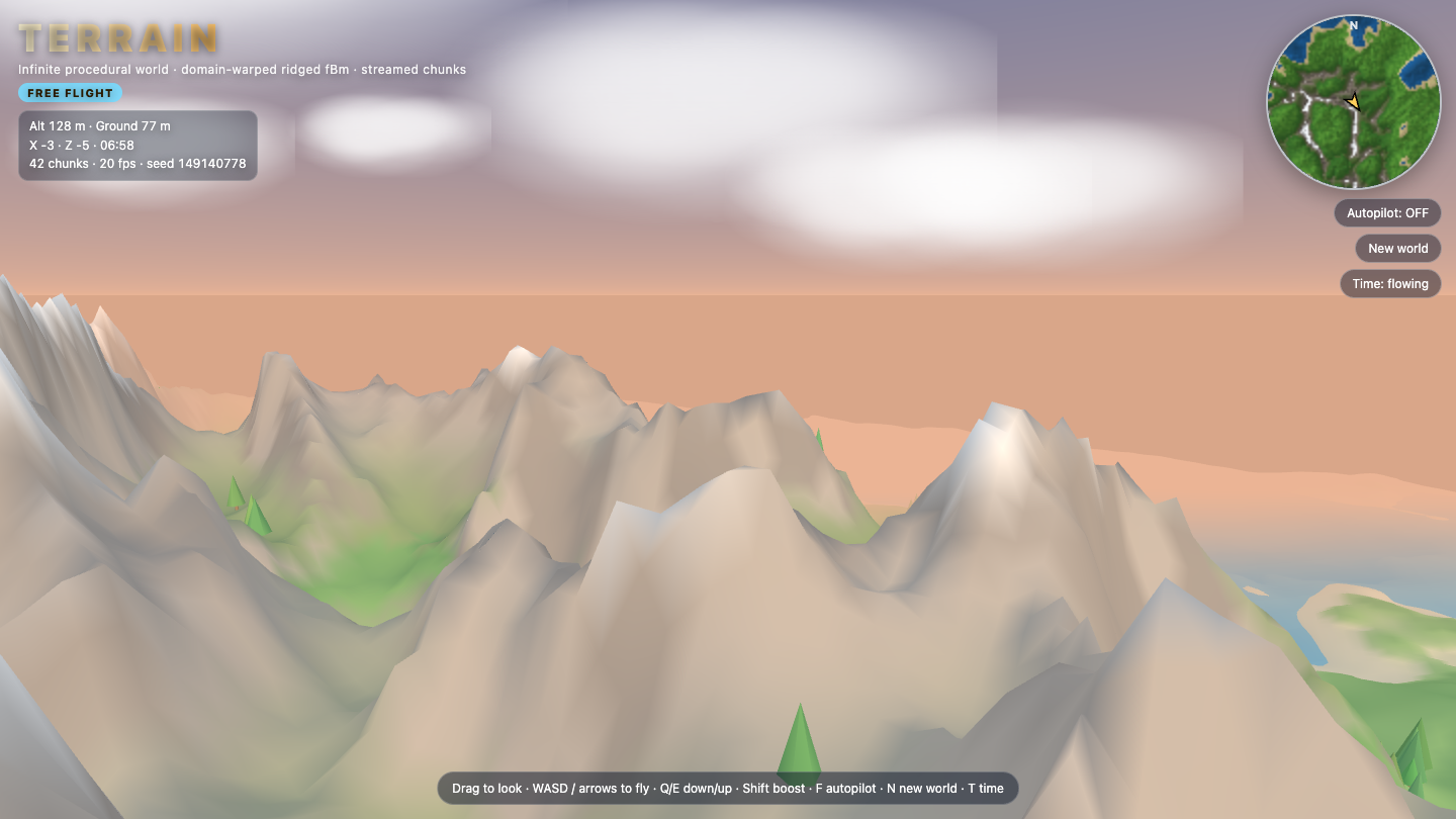 Claude Opus 5.5 one-shot build of Terrain — GoldieBench AI benchmark screenshot