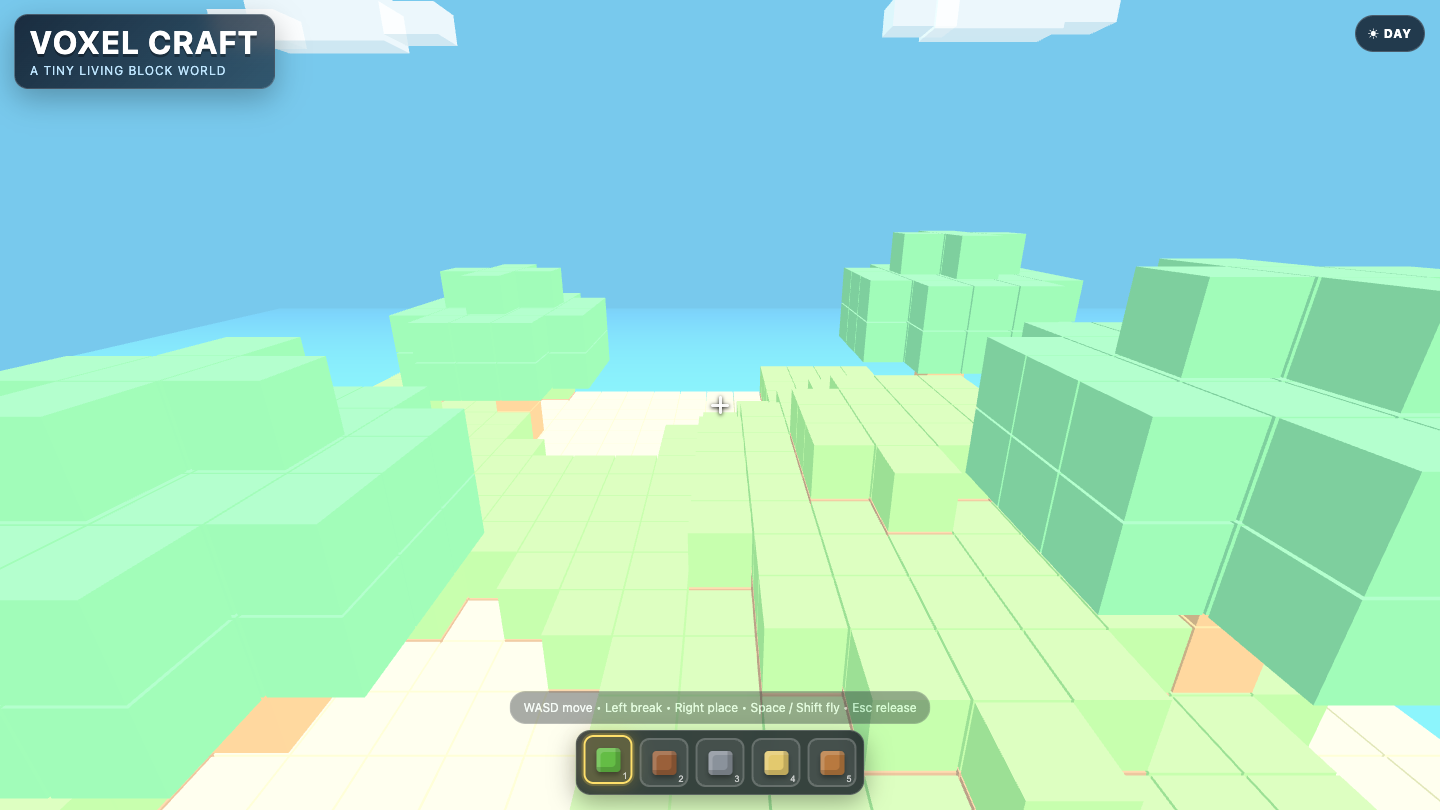 GPT-5.6 Sol one-shot build of Voxelcraft — GoldieBench AI benchmark screenshot